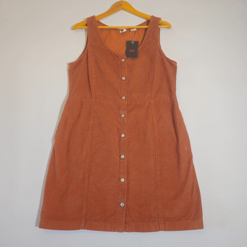 Levis Womens L Burnt Orange Corduroy Dress Scoop Neck Cottagecore Boho Vintage